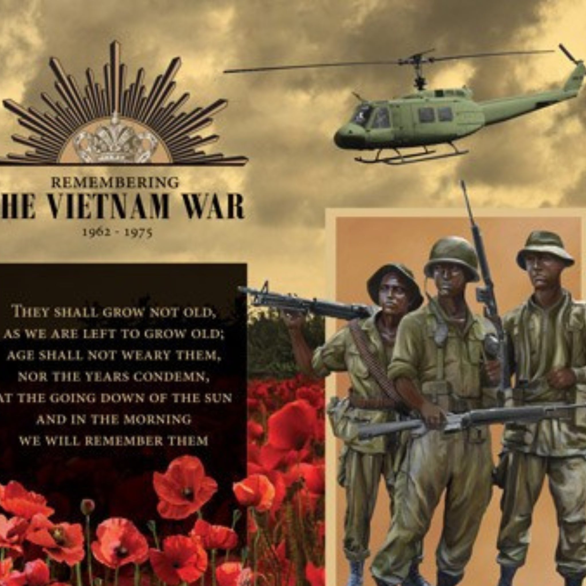 Vietnam War commemorative panel Rising Sun badge soldiers poppies helicopter armoured vehicle Ode of Remembrance fabric for memorial quilts wall hangings