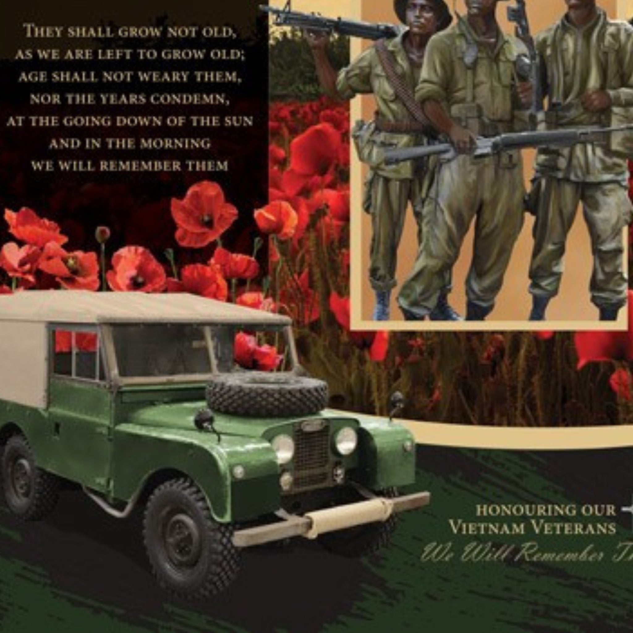 Vietnam War commemorative panel Rising Sun badge soldiers poppies helicopter Land Rover Ode of Remembrance fabric for memorial quilts wall hangings