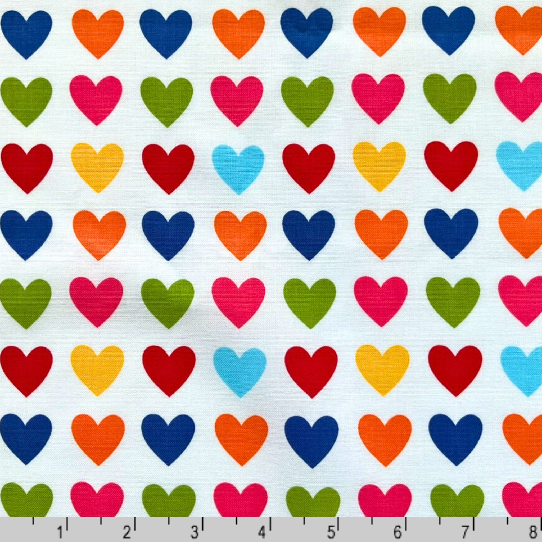Bright rainbow hearts white fabric for kid's quilts bags fun patchwork sewing projects