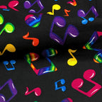 Tossed rainbow striped music notes red yellow green blue purple black novelty retro fabric for music quilts bags vests retro skirts and sewing