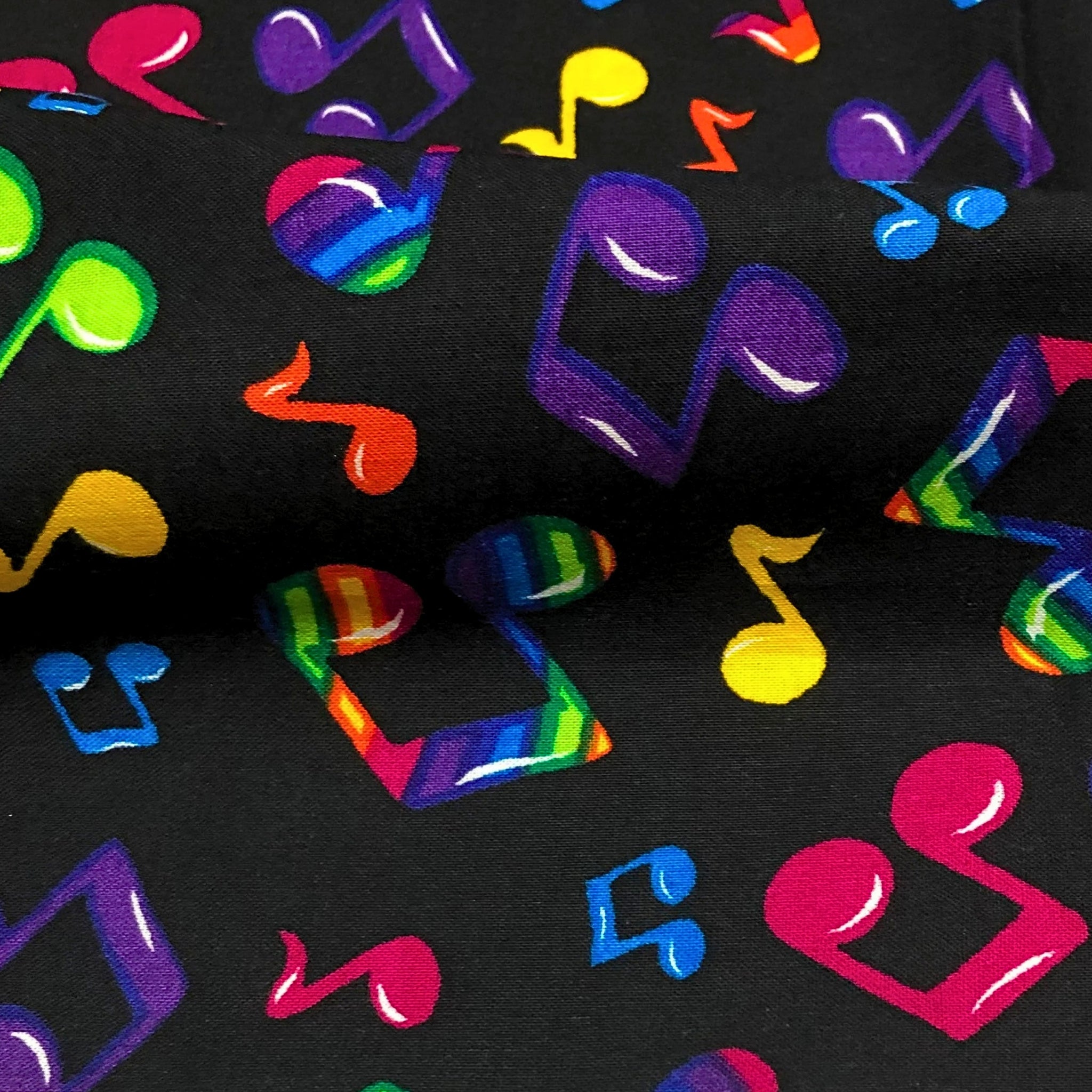 Tossed rainbow striped music notes red yellow green blue purple black novelty retro fabric for music quilts bags vests retro skirts and sewing