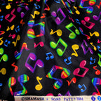 Tossed rainbow striped music notes red yellow green blue purple black novelty retro fabric for music quilts bags vests retro skirts and sewing