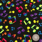Tossed rainbow striped music notes red yellow green blue purple black novelty retro fabric for music quilts bags vests retro skirts and sewing