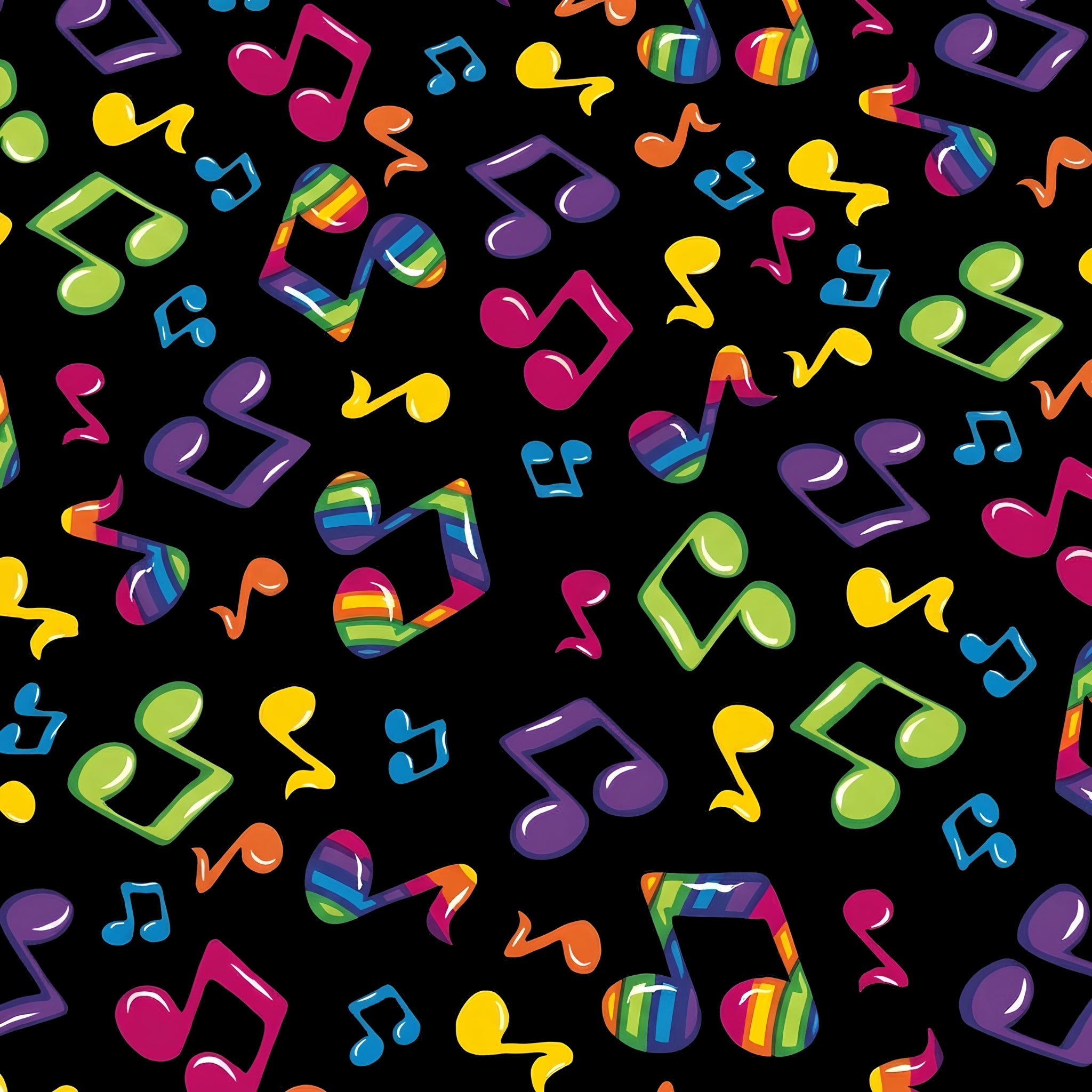 Tossed rainbow striped music notes red yellow green blue purple black novelty retro fabric for music quilts bags vests retro skirts and sewing
