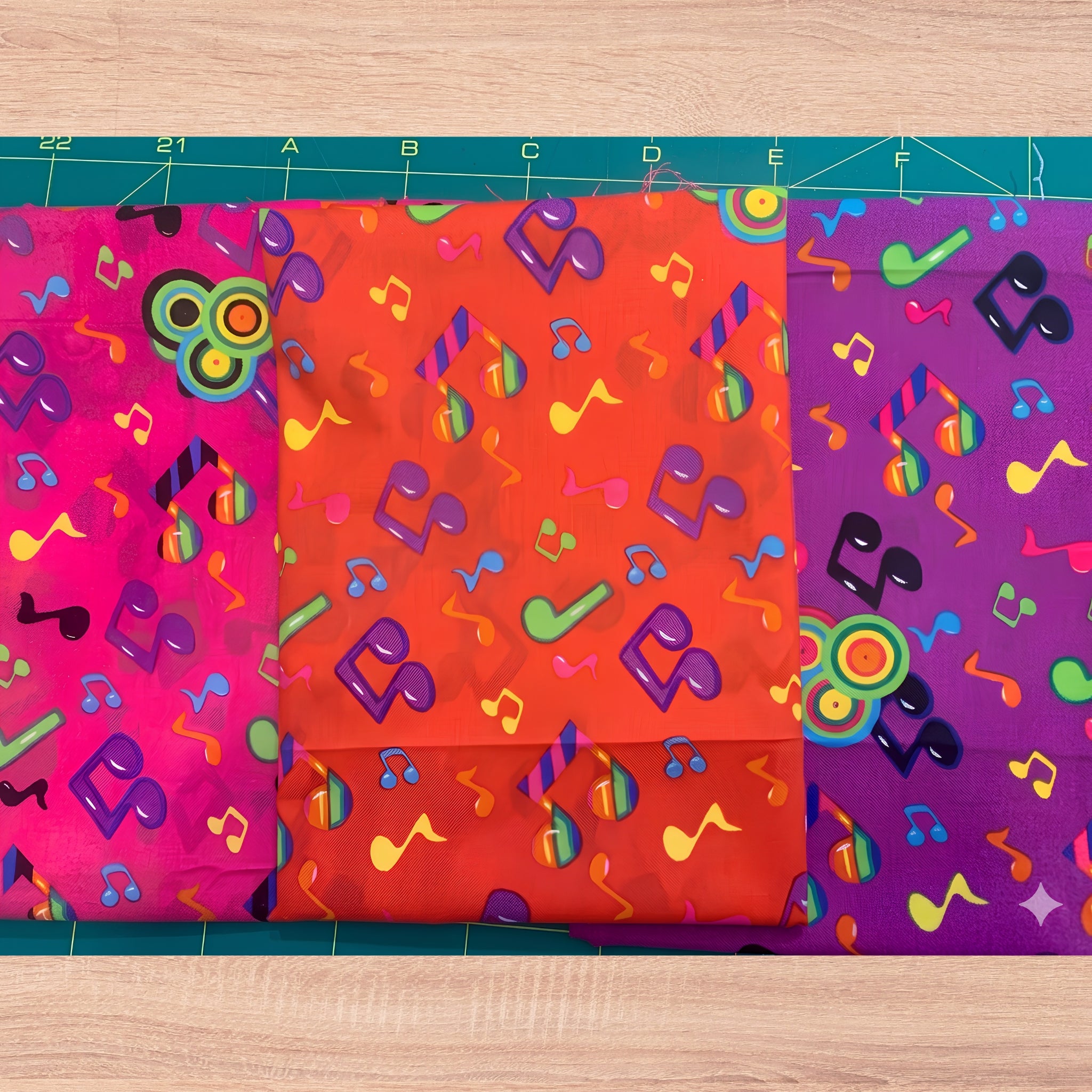 Tossed rainbow striped music notes hot pink red and purple novelty retro fabric colourways Shamash Sons 2084