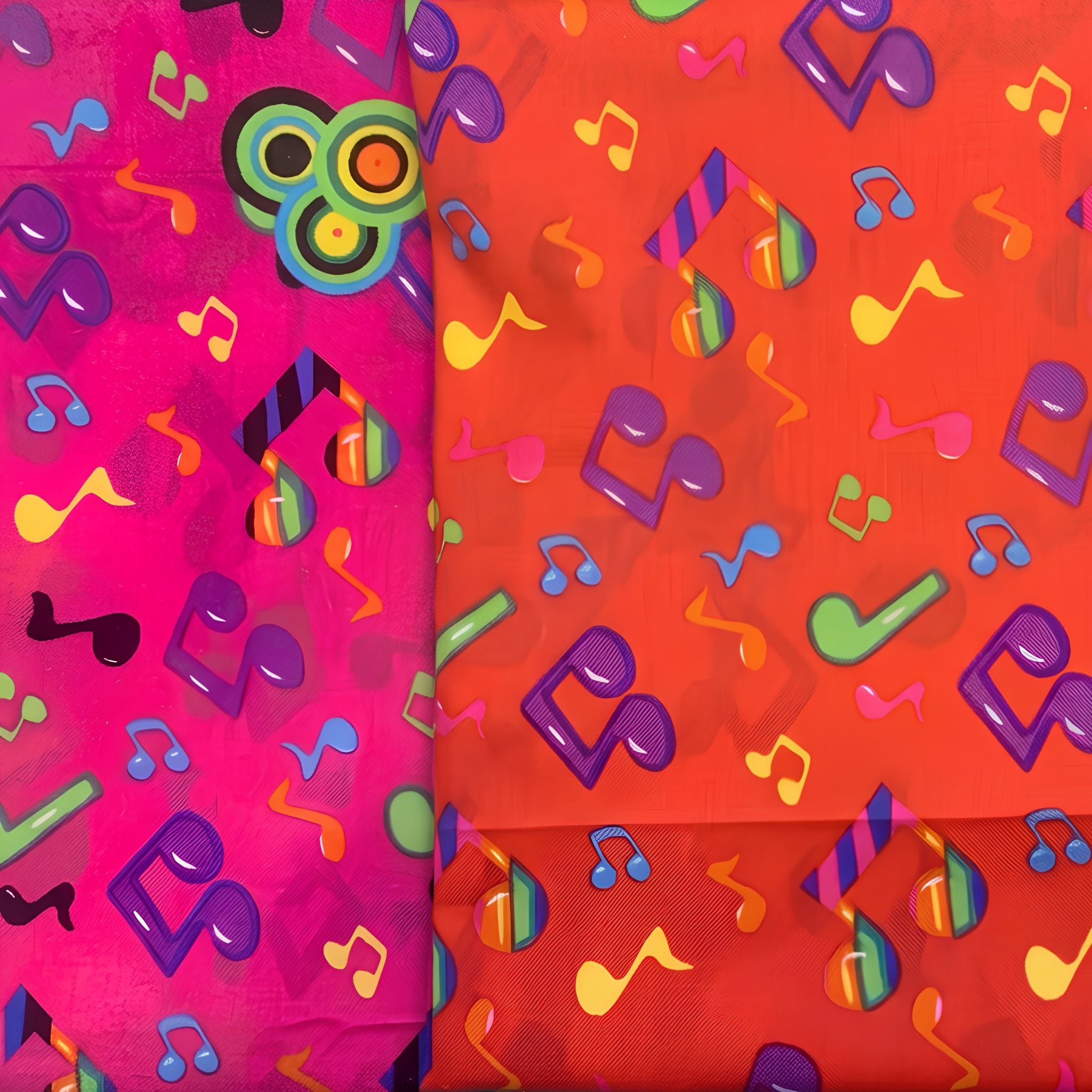 Tossed rainbow striped music notes hot pink and red novelty retro fabric colourways Shamash Sons 2084
