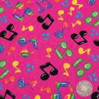 Tossed rainbow striped music notes red yellow green blue purple hot pink novelty retro fabric for music quilts bags vests retro skirts and sewing