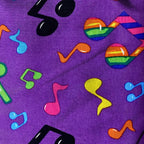 Tossed rainbow striped music notes red yellow green blue pink purple novelty retro fabric for music quilts bags vests retro skirts and sewing