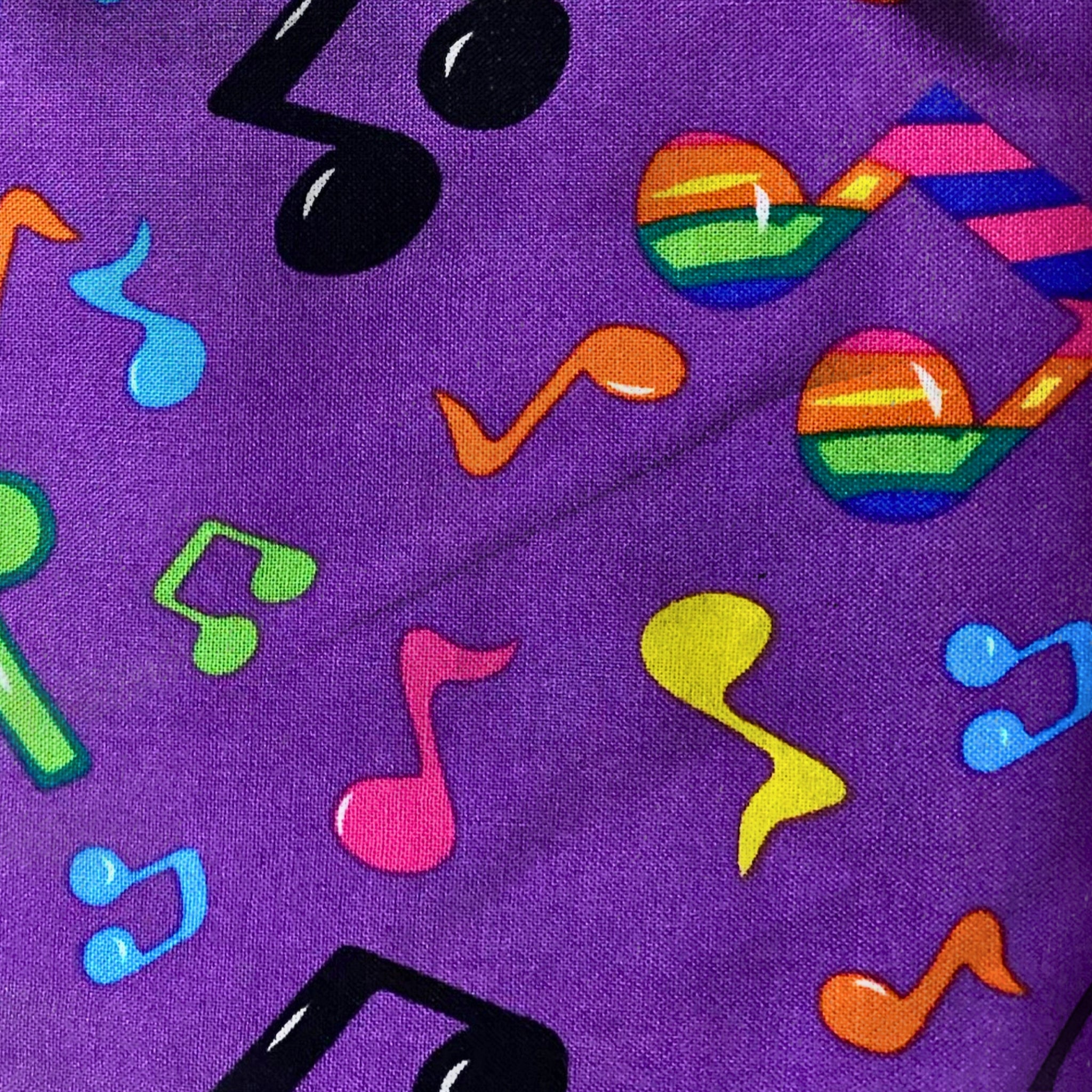 Tossed rainbow striped music notes red yellow green blue pink purple novelty retro fabric for music quilts bags vests retro skirts and sewing