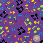 Tossed rainbow striped music notes red yellow green blue pink purple novelty retro fabric for music quilts bags vests retro skirts and sewing