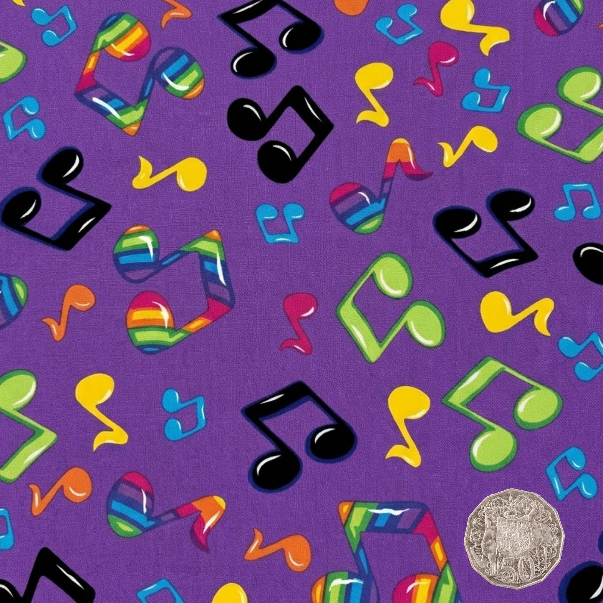 Tossed rainbow striped music notes red yellow green blue pink purple novelty retro fabric for music quilts bags vests retro skirts and sewing