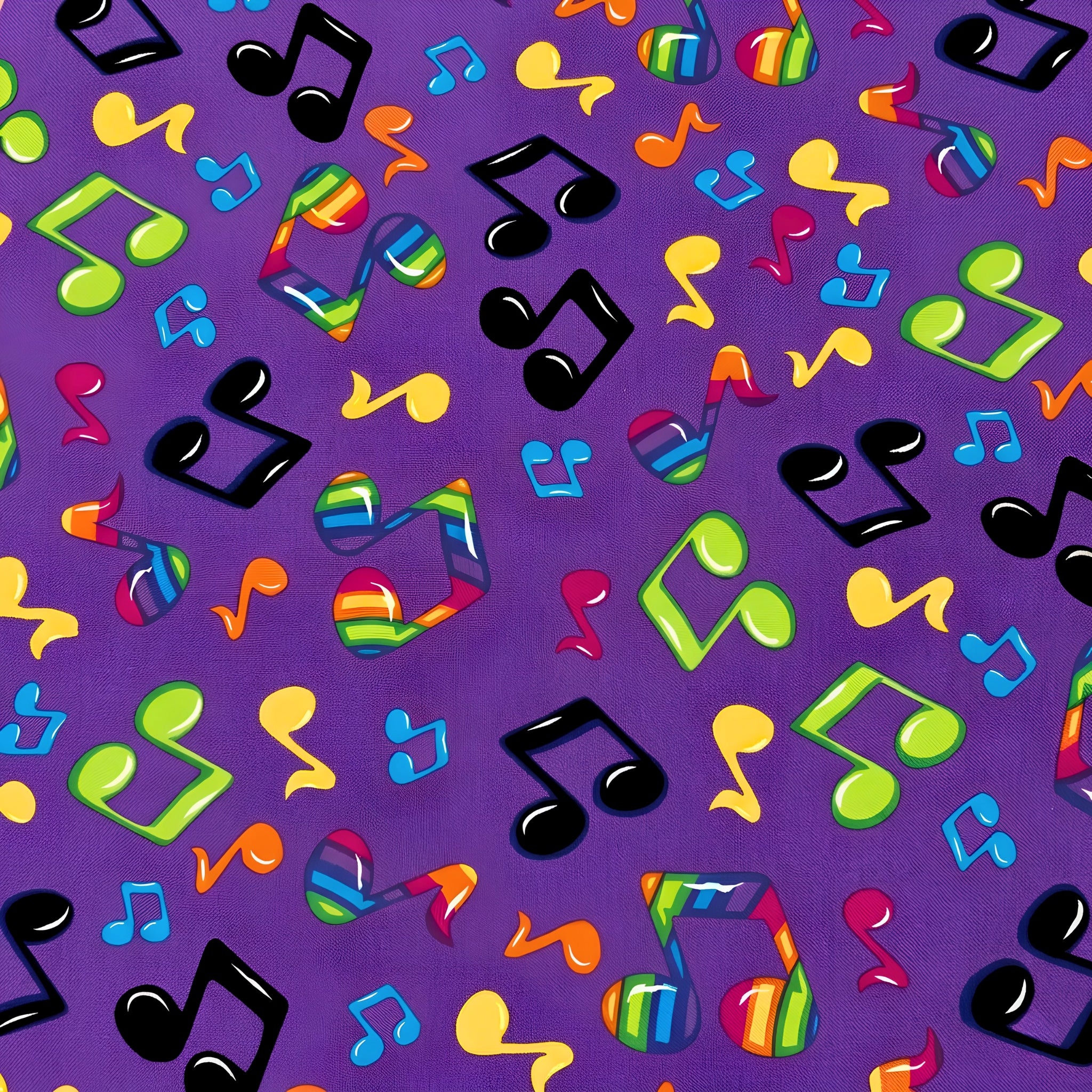 Tossed rainbow striped music notes red yellow green blue pink purple novelty retro fabric for music quilts bags vests retro skirts and sewing