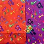 Tossed rainbow striped music notes red and purple novelty retro fabric colourways Shamash Sons 2084