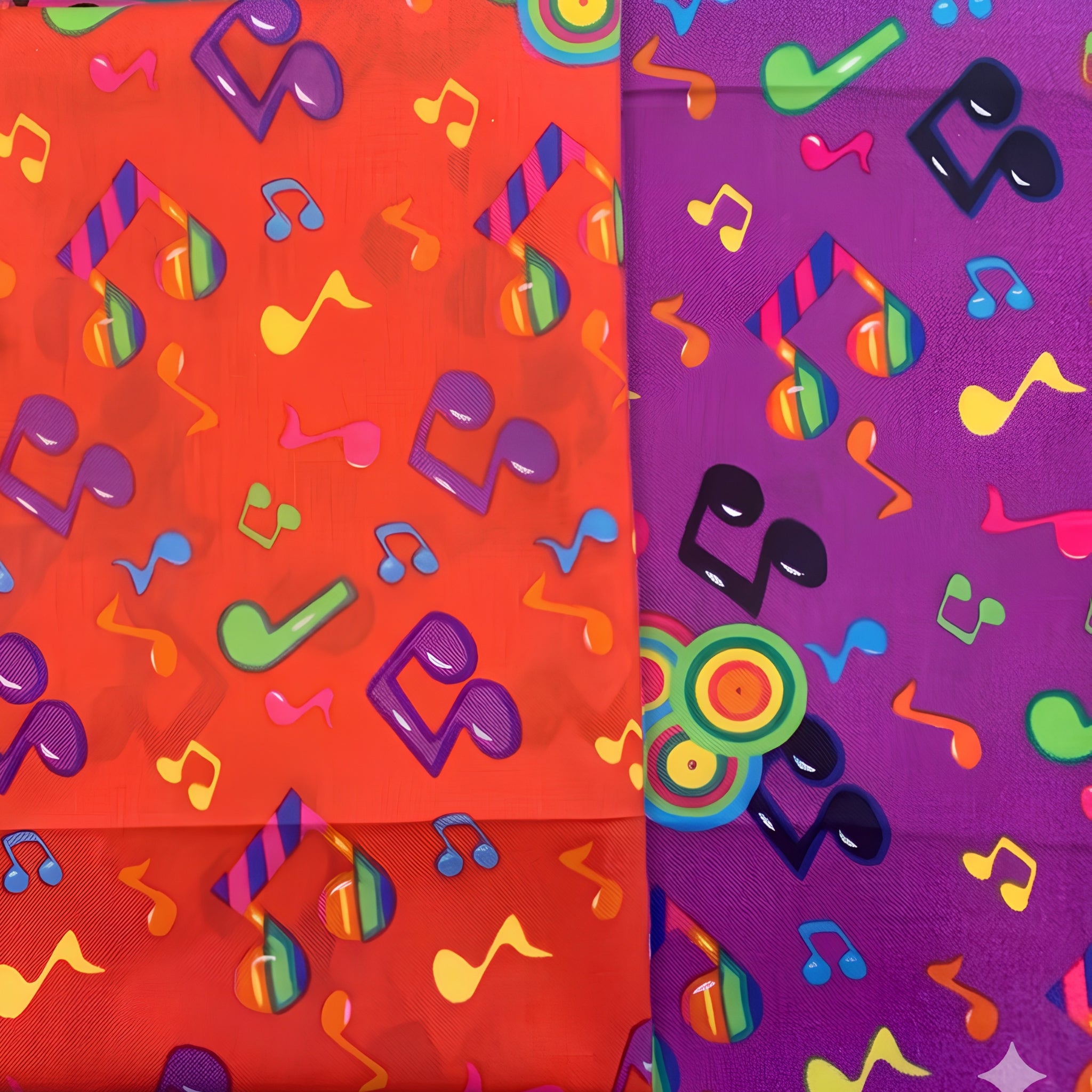 Tossed rainbow striped music notes red and purple novelty retro fabric colourways Shamash Sons 2084