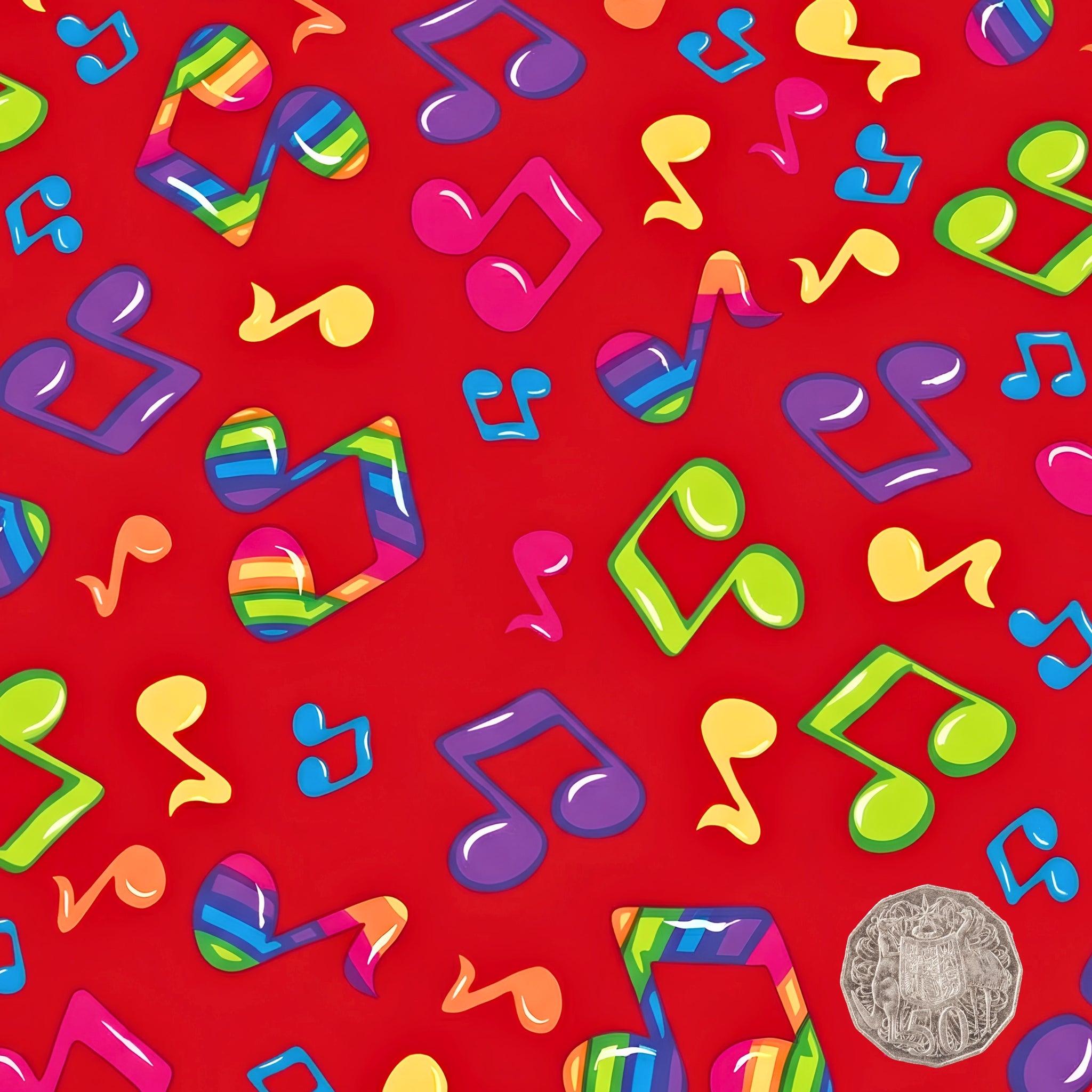 Tossed rainbow striped music notes yellow green blue purple pink red novelty retro fabric for music quilts bags vests retro skirts and sewing