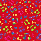 Tossed rainbow striped music notes yellow green blue purple pink red novelty retro fabric for music quilts bags vests retro skirts and sewing