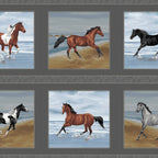 Realistic pinto bay black horse framed blocks charcoal houndstooth panel fabric for quilts and horse lover gifts