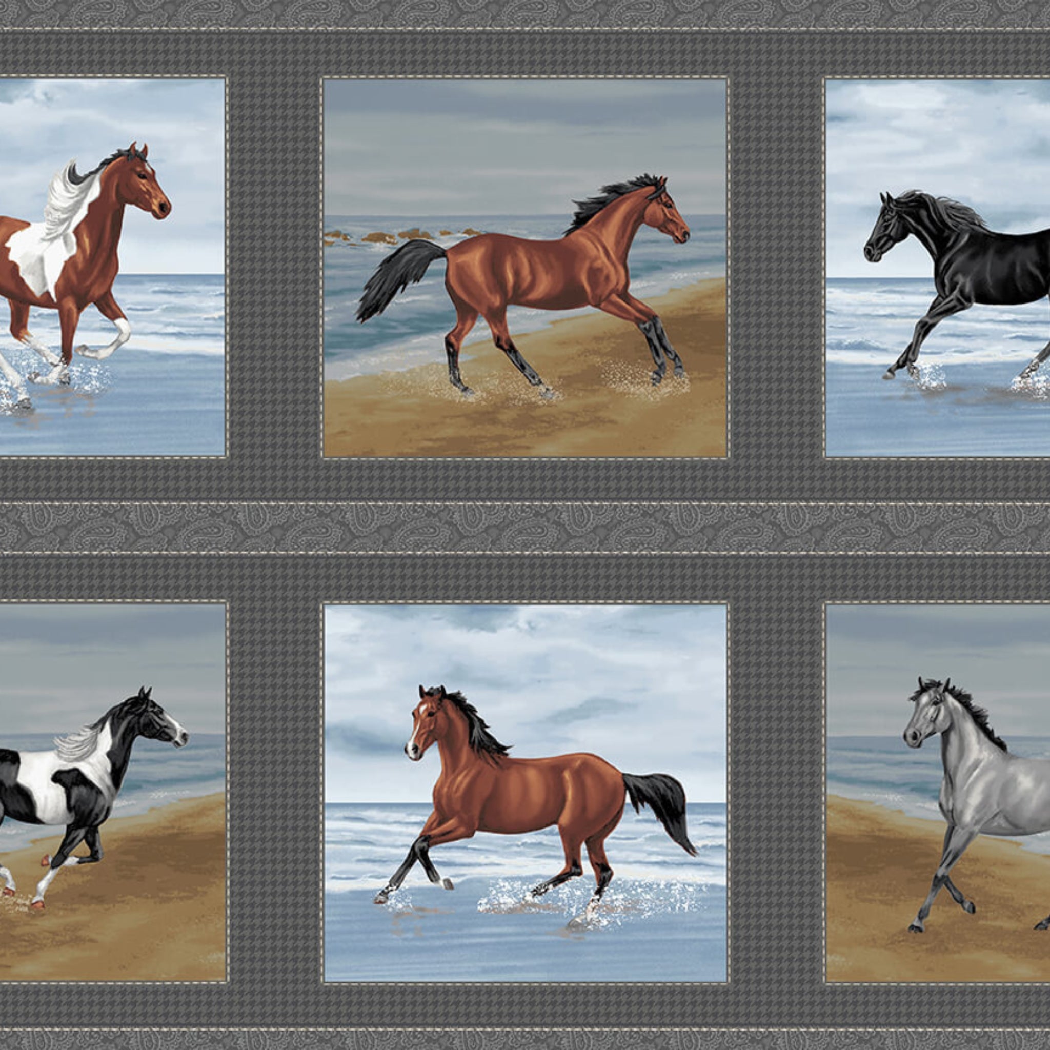 Realistic pinto bay black horse framed blocks charcoal houndstooth panel fabric for quilts and horse lover gifts