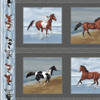 Realistic chestnut grey horse framed blocks running horses border stripe blue charcoal panel fabric for quilts and wall hangings