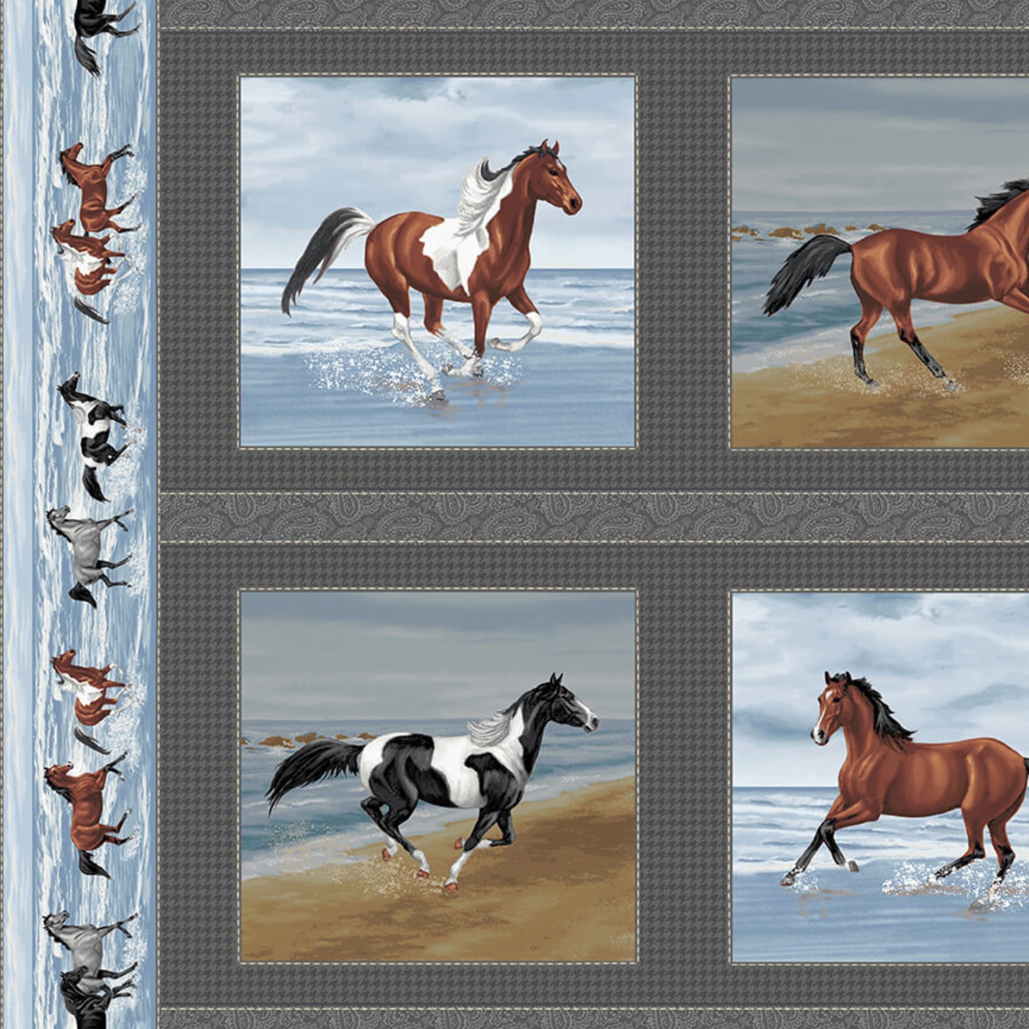 Realistic chestnut grey horse framed blocks running horses border stripe blue charcoal panel fabric for quilts and wall hangings