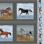 Realistic chestnut grey horse framed blocks running horses border stripe blue charcoal panel fabric for quilts and wall hangings
