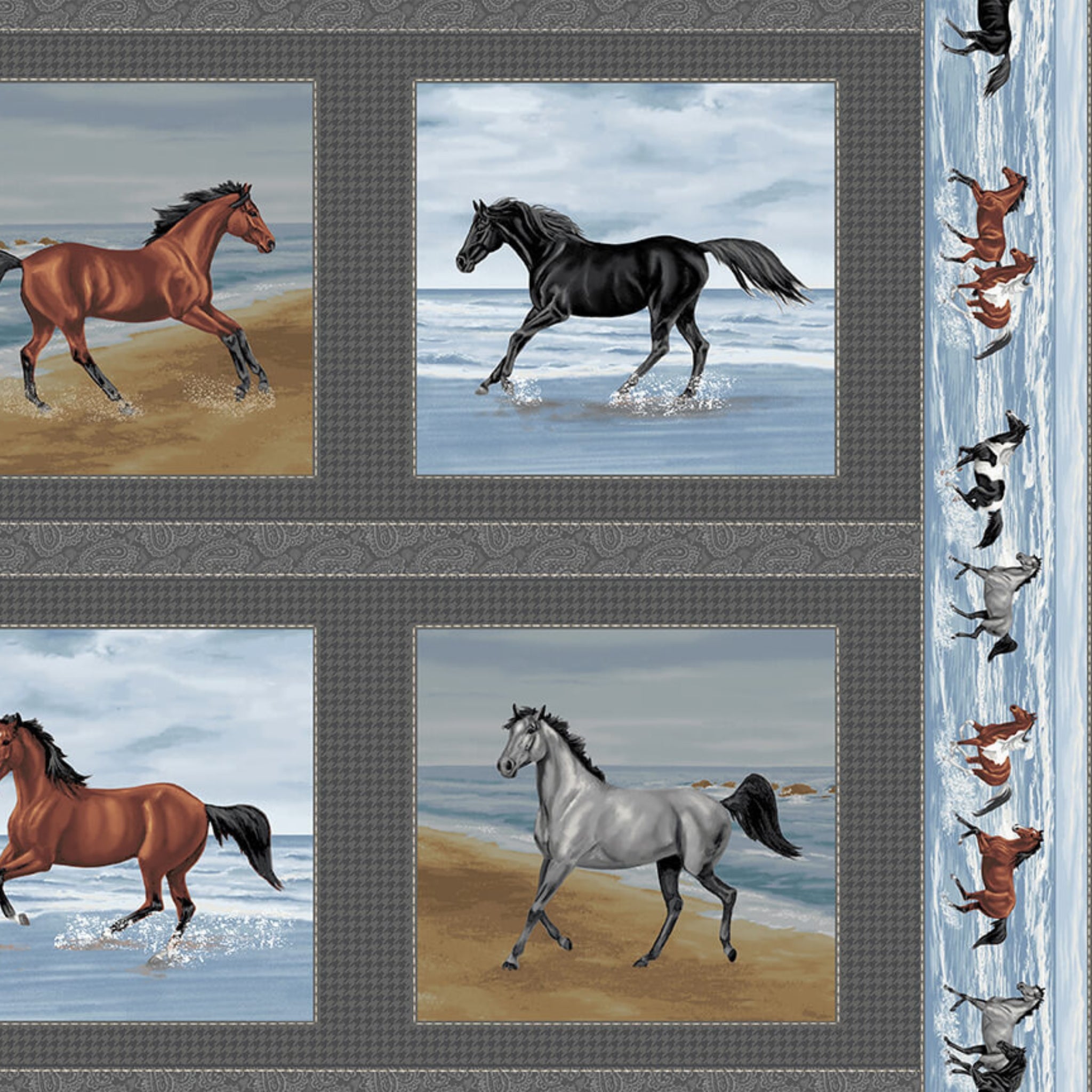 Realistic chestnut grey horse framed blocks running horses border stripe blue charcoal panel fabric for quilts and wall hangings