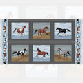 Realistic horses galloping beach ocean blue grey charcoal block panel fabric for quilts wall hangings and equestrian gifts