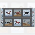 Realistic horses galloping beach ocean blue grey charcoal block panel fabric for quilts wall hangings and equestrian gifts