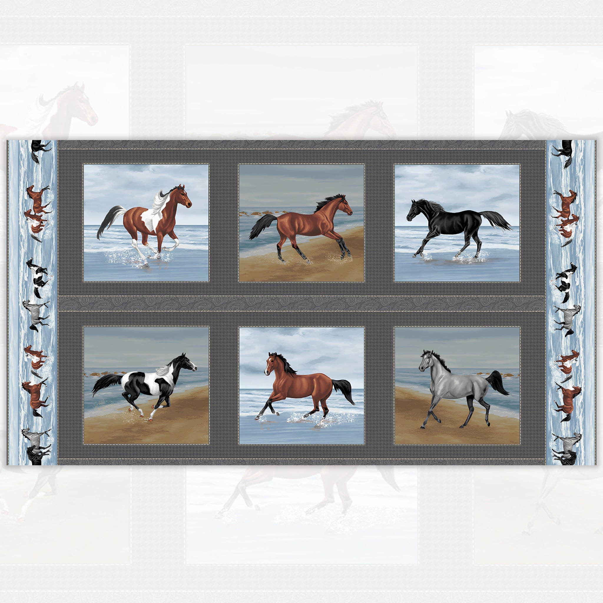 Realistic horses galloping beach ocean blue grey charcoal block panel fabric for quilts wall hangings and equestrian gifts