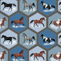 Realistic horses galloping ocean spray hexagon cells steel blue charcoal fabric for horse quilts cushion covers and equestrian gifts
