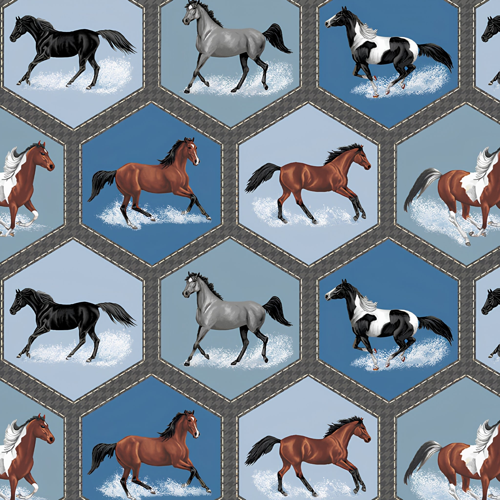 Realistic horses galloping ocean spray hexagon cells steel blue charcoal fabric for horse quilts cushion covers and equestrian gifts