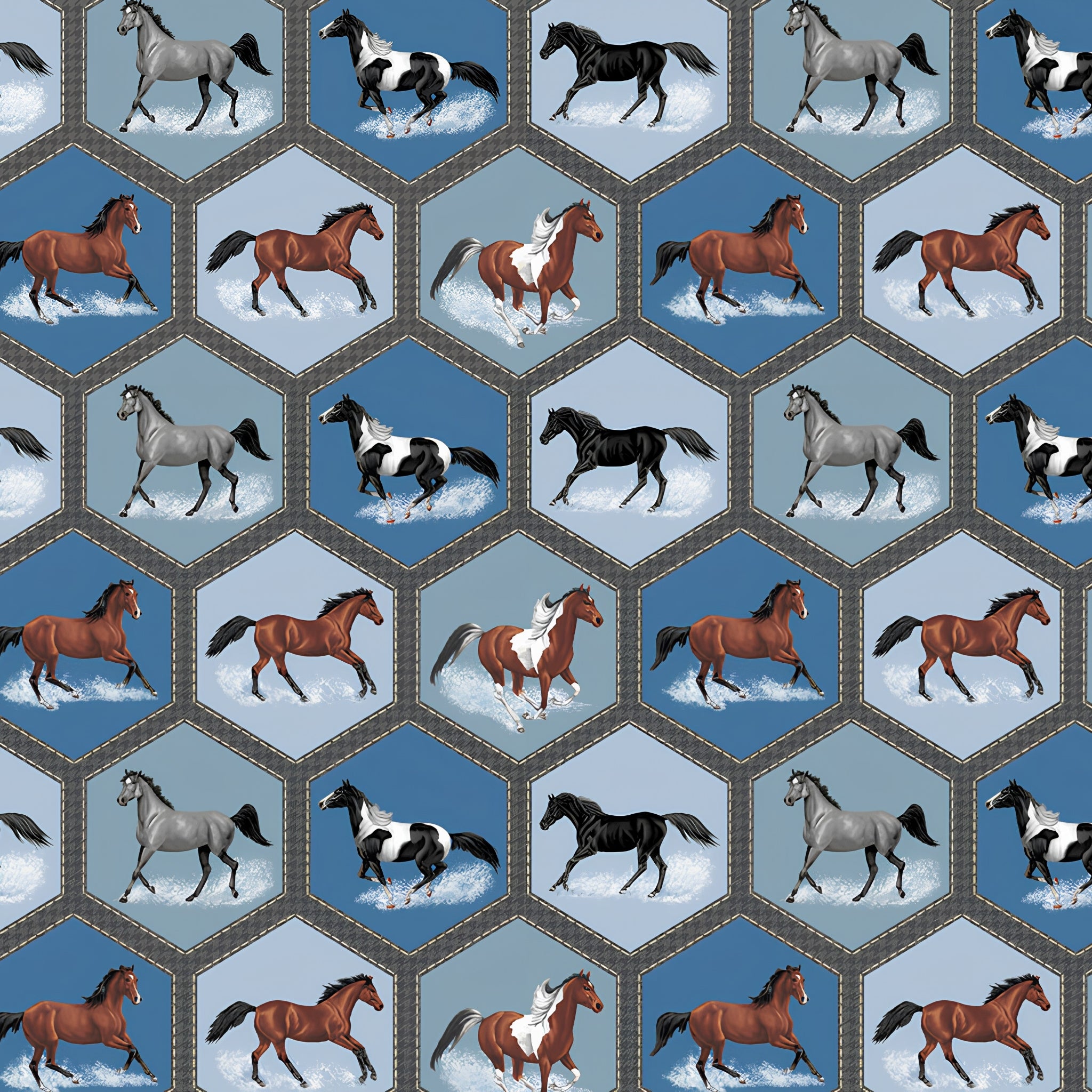 Realistic horses bay chestnut black grey pinto paint honeycomb blue charcoal fabric for horse-themed quilts and equestrian gifts
