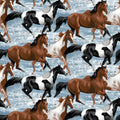 Realistic horses bay chestnut paint pinto galloping ocean shallows light blue fabric for horse-themed quilts and equestrian gifts