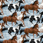 Realistic horses bay chestnut paint pinto galloping ocean shallows light blue fabric for horse-themed quilts and equestrian gifts