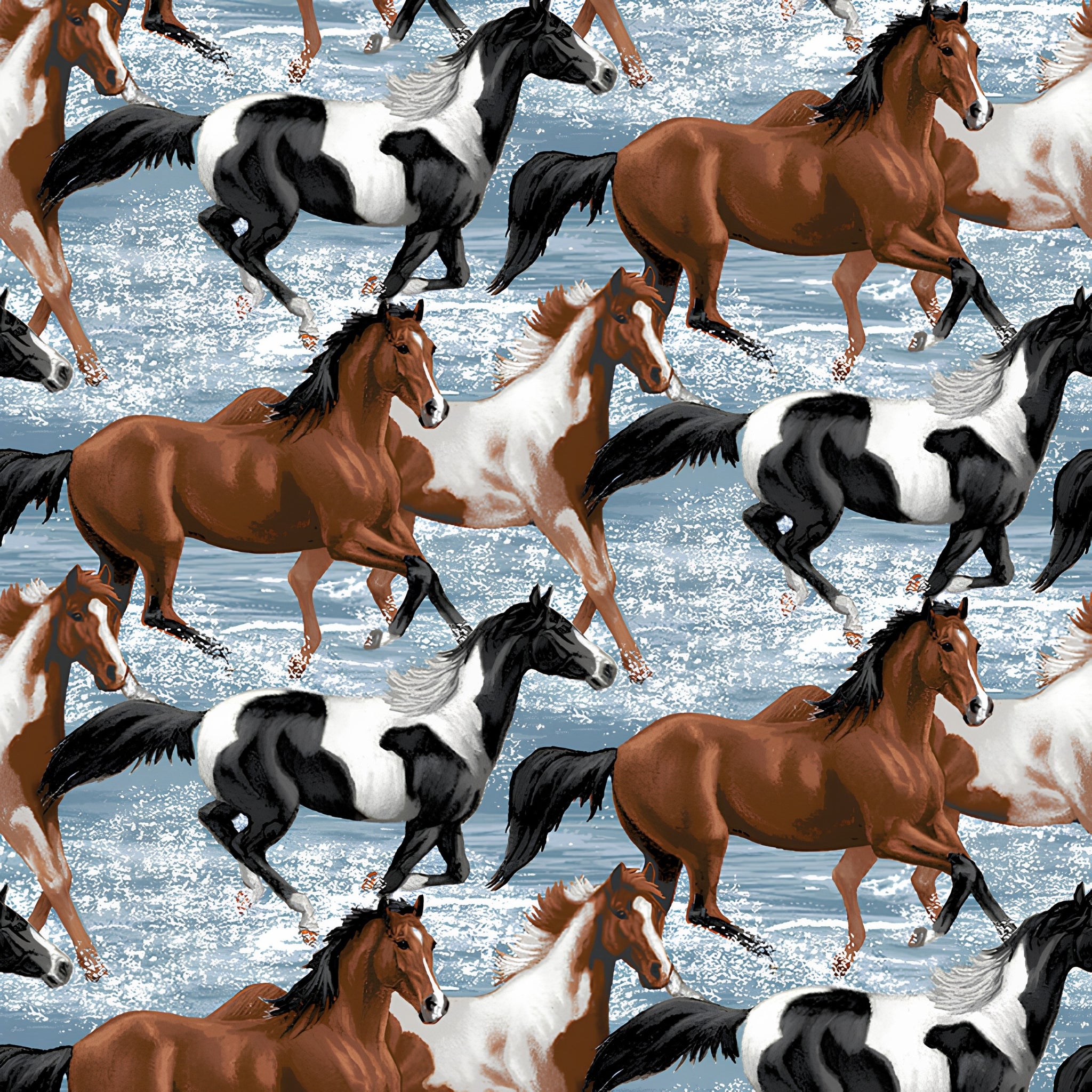 Realistic horses bay chestnut paint pinto galloping ocean shallows light blue fabric for horse-themed quilts and equestrian gifts