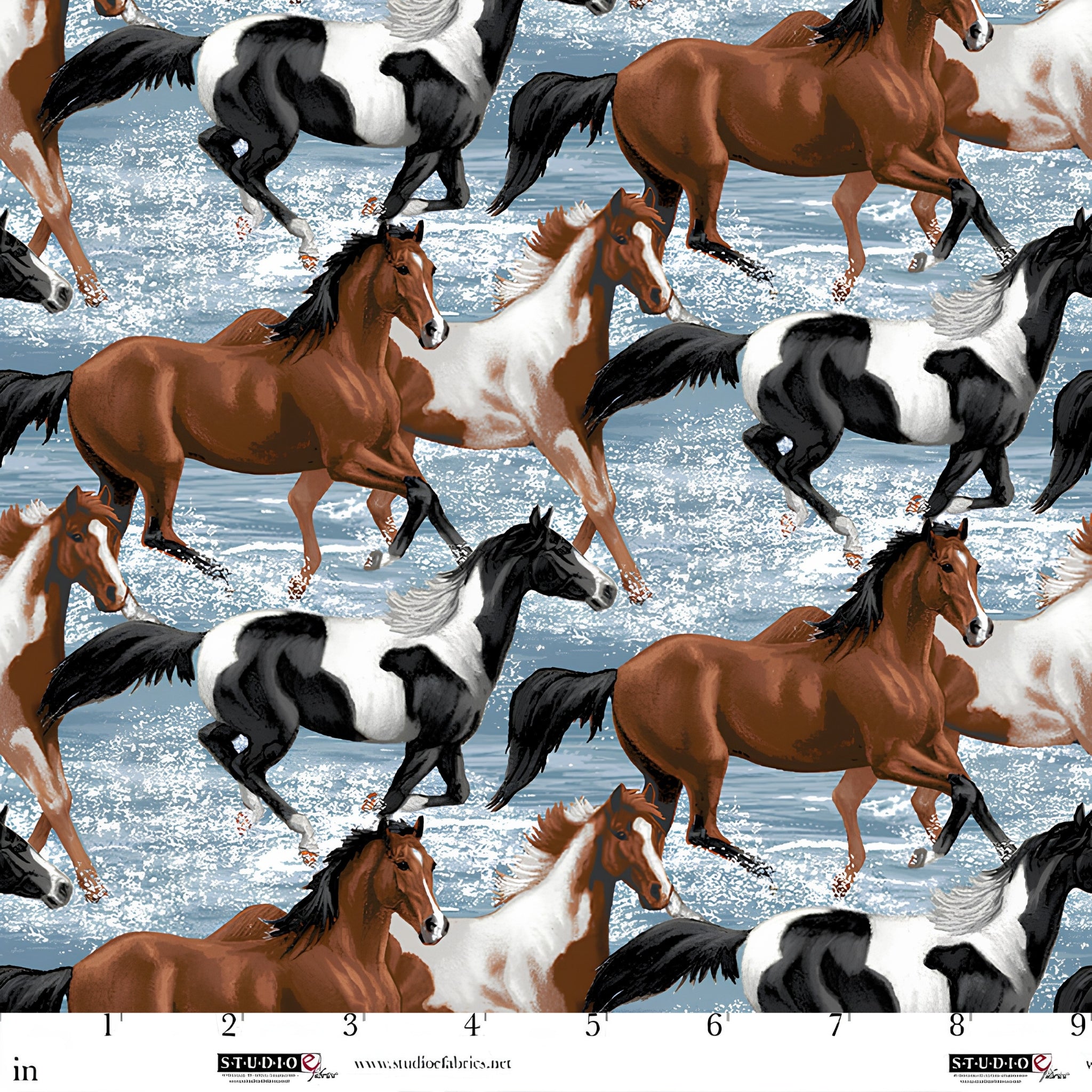 Realistic horses bay chestnut paint pinto galloping ocean shallows light blue fabric for horse-themed quilts and equestrian gifts
