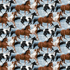 Realistic horses bay chestnut paint pinto galloping ocean shallows light blue fabric for horse-themed quilts and equestrian gifts