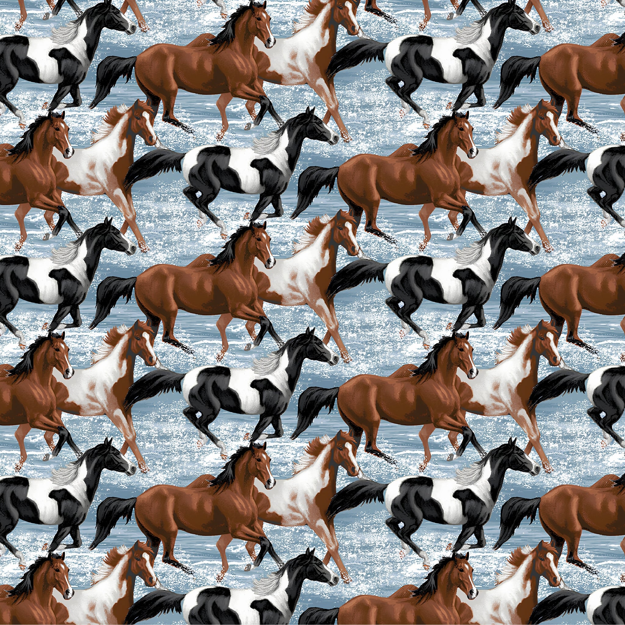 Realistic horses bay chestnut paint pinto galloping ocean shallows light blue fabric for horse-themed quilts and equestrian gifts