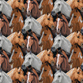 Realistic packed horse faces bay chestnut palomino grey pinto black ground fabric for horse-themed quilts and equestrian gifts