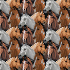 Realistic packed horse faces bay chestnut palomino grey pinto black ground fabric for horse-themed quilts and equestrian gifts