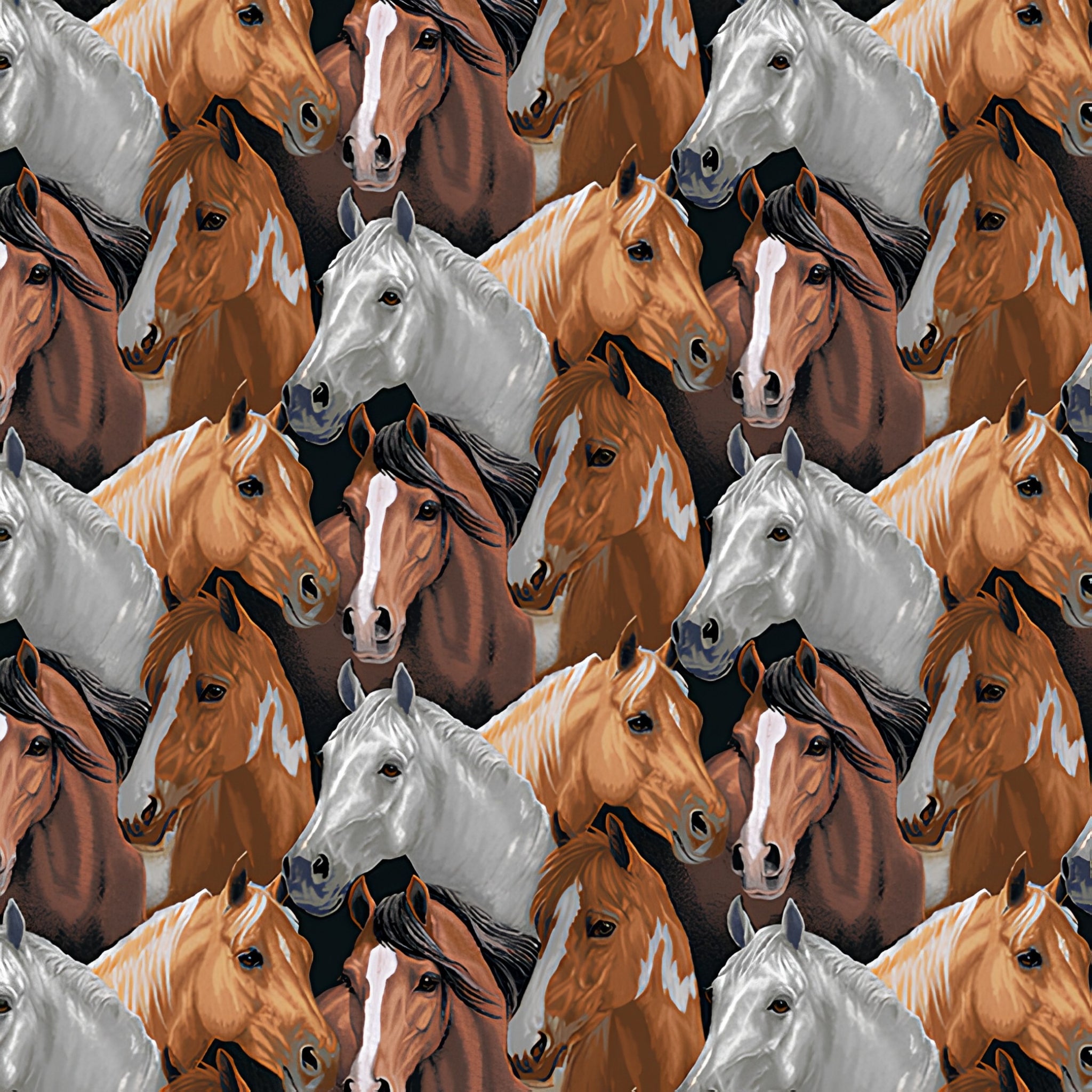 Realistic packed horse faces bay chestnut palomino grey pinto black ground fabric for horse-themed quilts and equestrian gifts