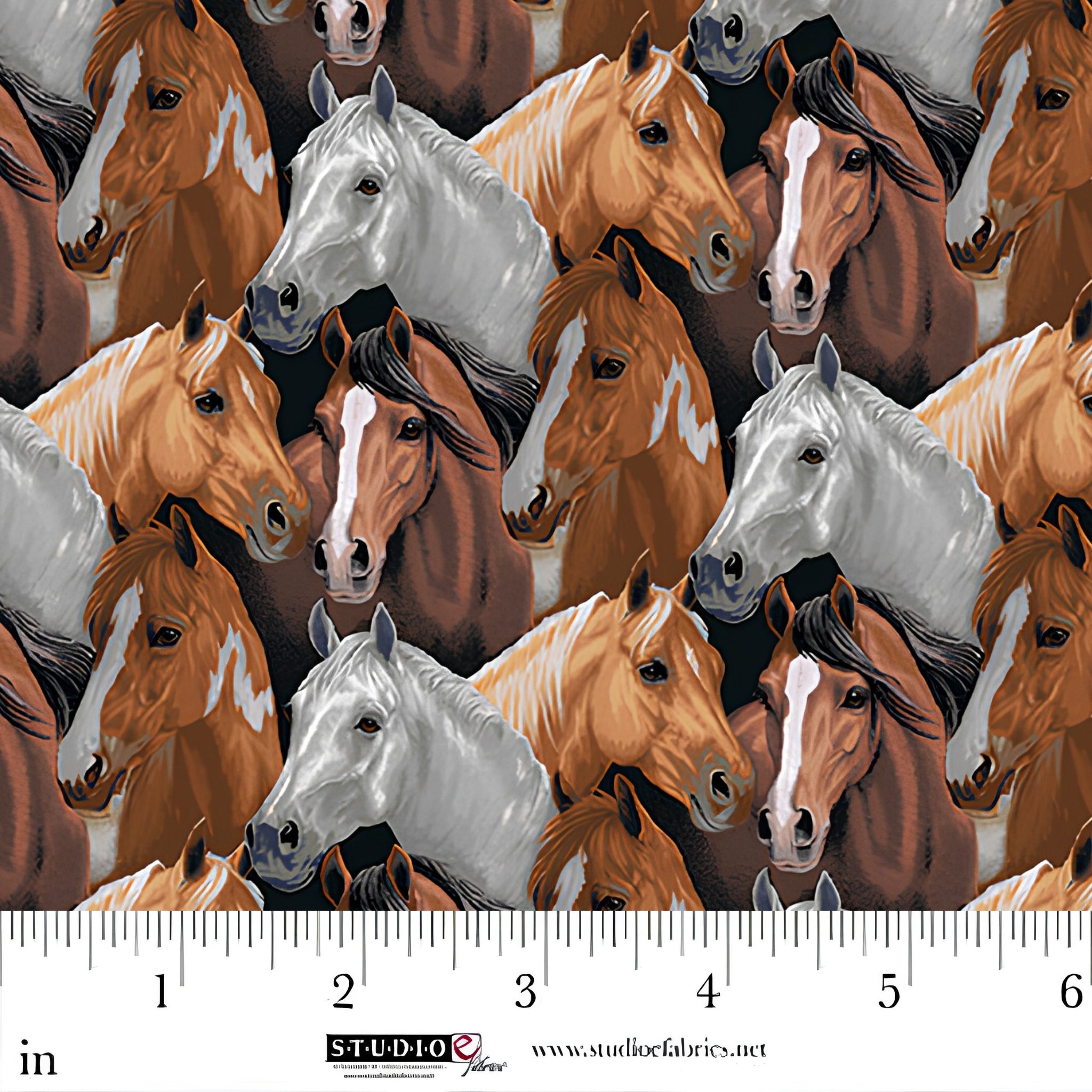 Realistic packed horse faces bay chestnut palomino grey pinto black ground fabric for horse-themed quilts and equestrian gifts