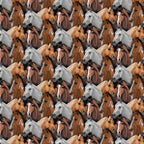 Realistic packed horse faces bay chestnut palomino grey pinto black ground fabric for horse-themed quilts and equestrian gifts