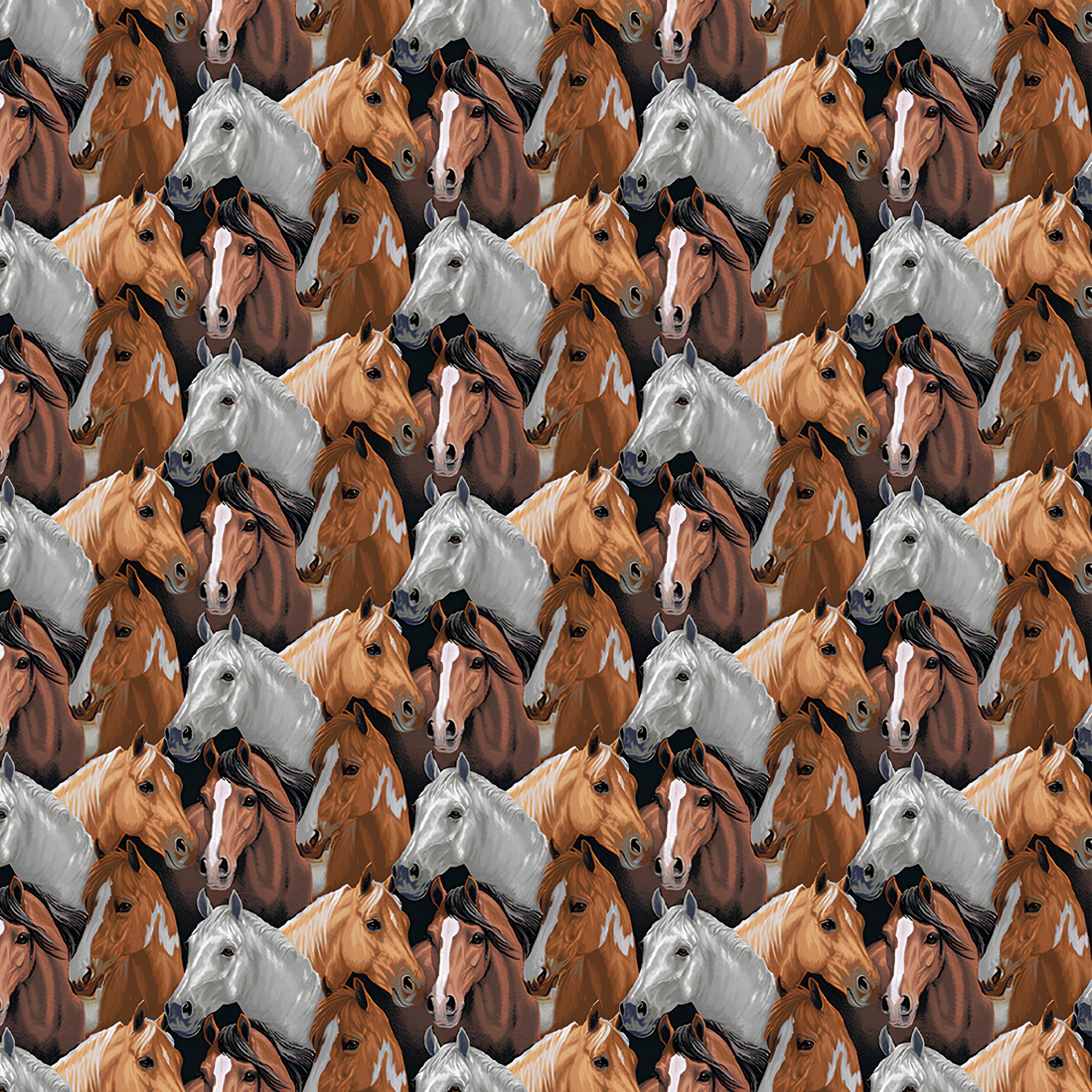 Realistic packed horse faces bay chestnut palomino grey pinto black ground fabric for horse-themed quilts and equestrian gifts