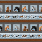 Realistic horse portrait blocks grey houndstooth running horses beach ocean blue brown paisley stripe fabric for horse quilts table runners and equestrian gifts