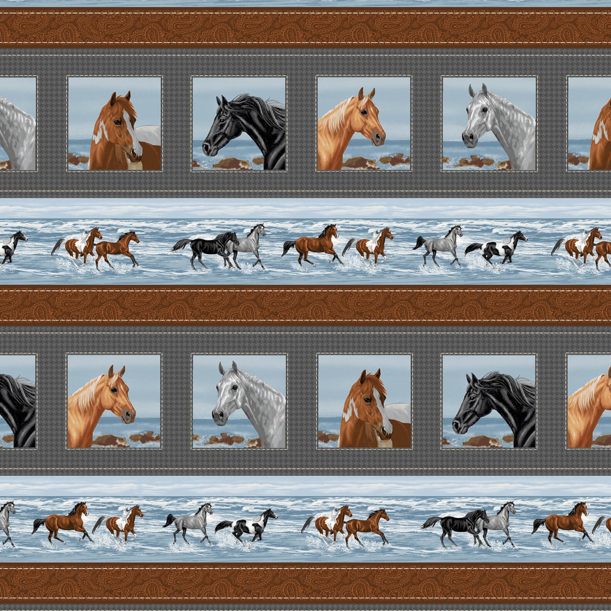 Realistic horse portrait blocks grey houndstooth running horses beach ocean blue brown paisley stripe fabric for horse quilts table runners and equestrian gifts