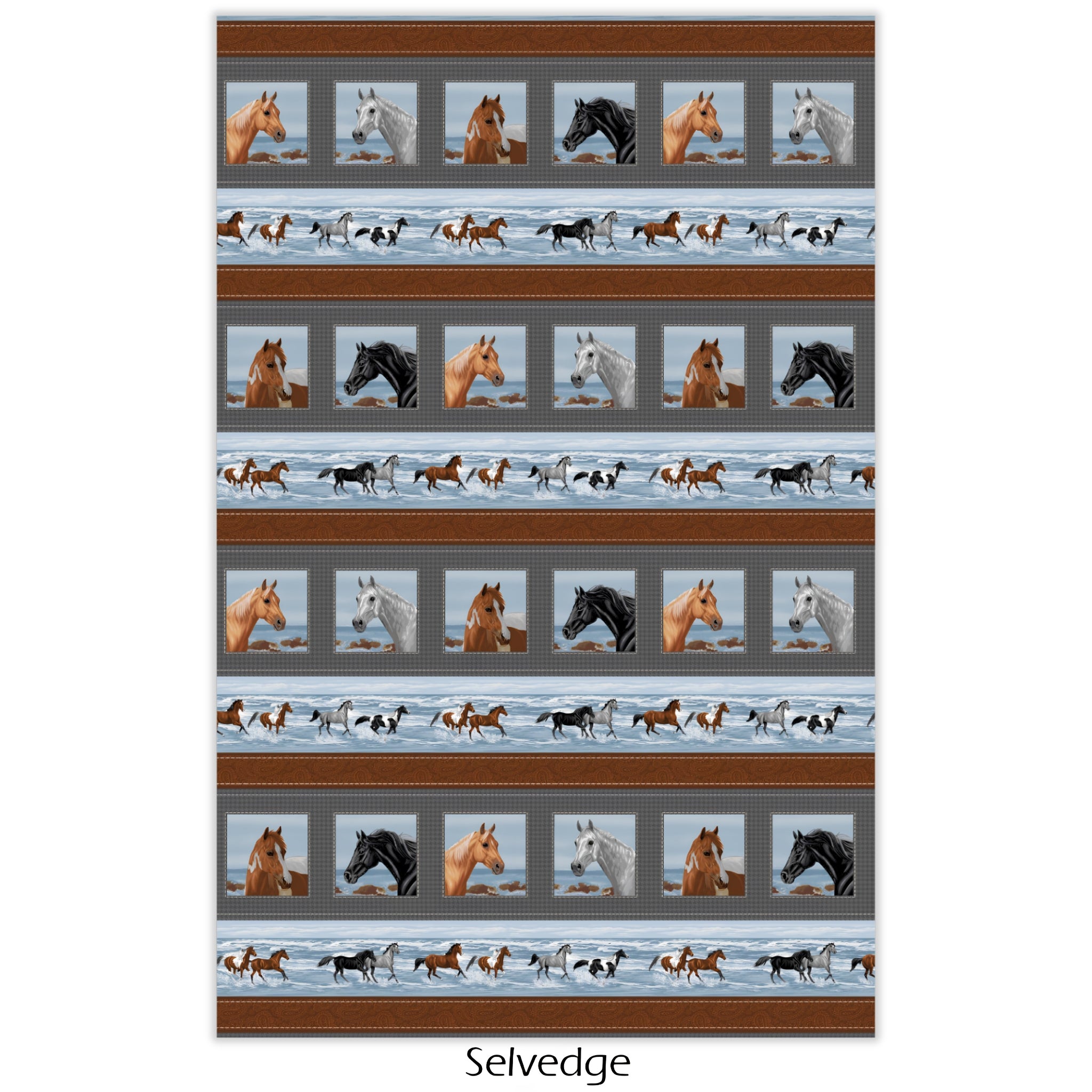 Running Free stripe blue alternating horse portrait blocks beach scene brown paisley border fabric for horse-themed quilts and equestrian gifts