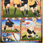 Rugby panel vintage style action scenes players kicking tackling rugby boots balls fabric for sports quilts wall hangings and gifts for men boys