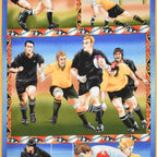 Rugby panel vintage style action scenes players kicking tackling rugby boots balls fabric for sports quilts wall hangings and gifts for men boys