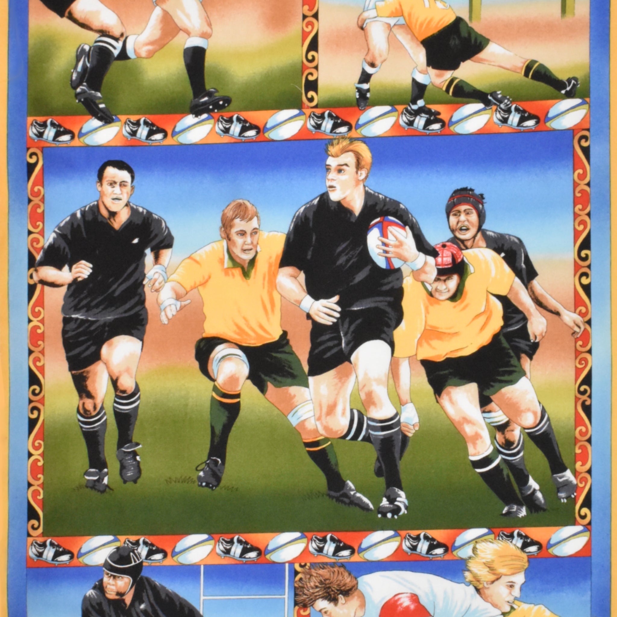 Rugby panel vintage style action scenes players kicking tackling rugby boots balls fabric for sports quilts wall hangings and gifts for men boys